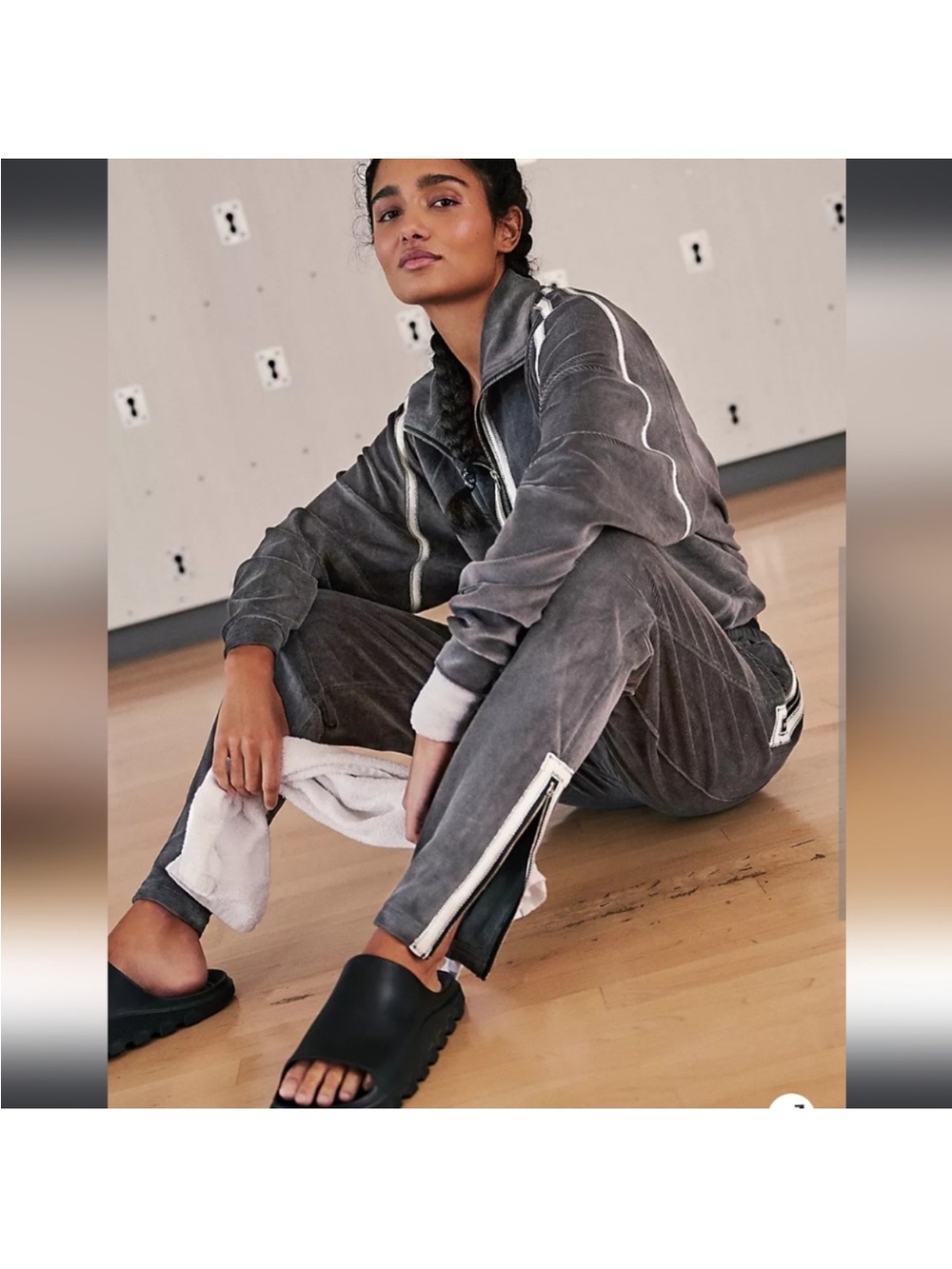 Free people Gray olive Velour Zip-Front Tracksuit with Contrast Piping
